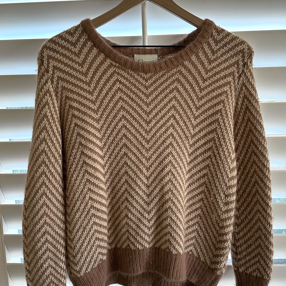GANNI for Anthropologie Knit Pullover Sweater in Brown/Cream Wool Angora- S